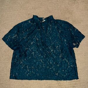 Blue mesh lace cropped top